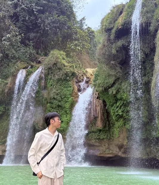 Hung in front of a waterfall
